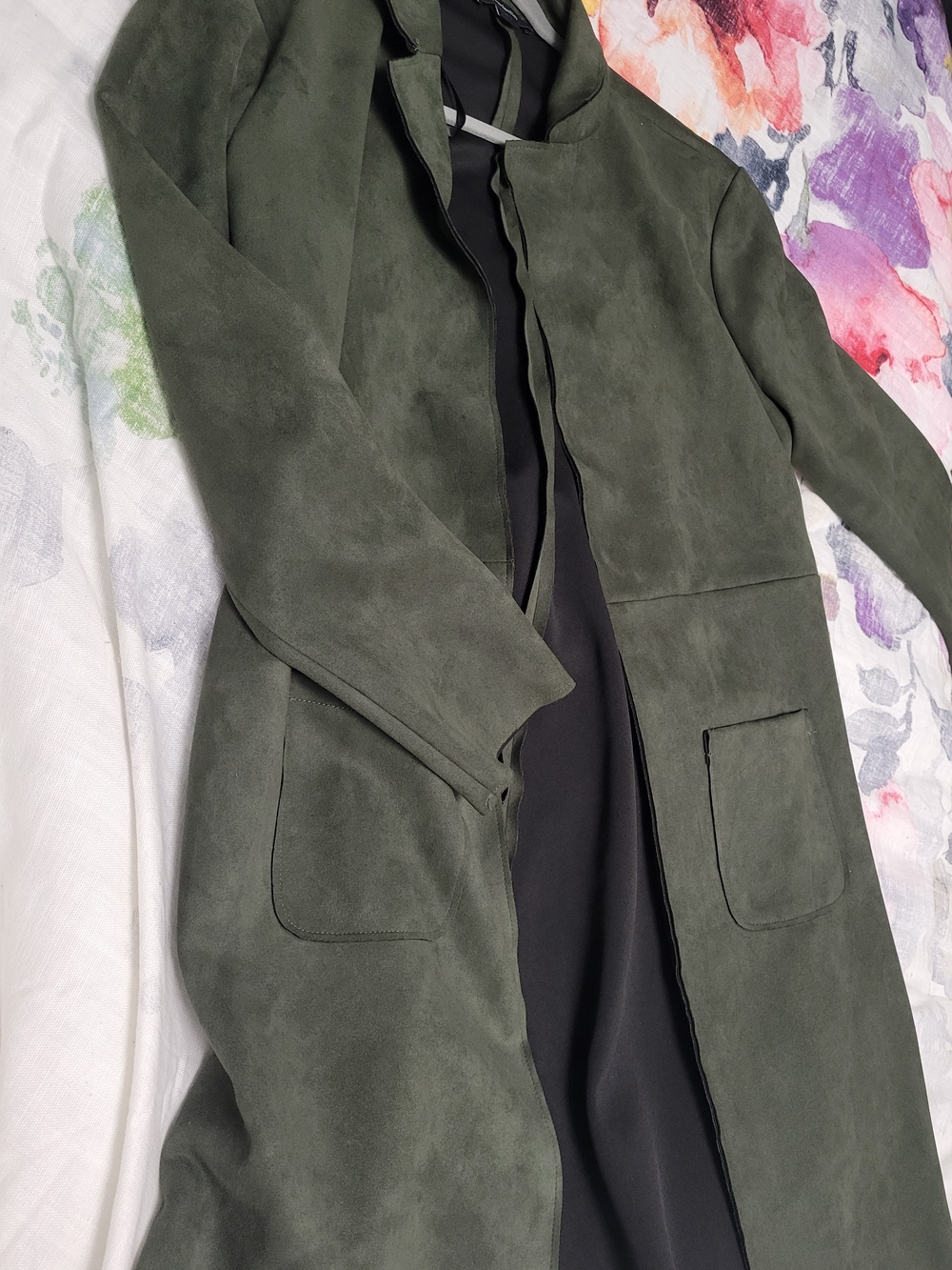 Women's Olive Green Long Trench Coat - Suede Finish